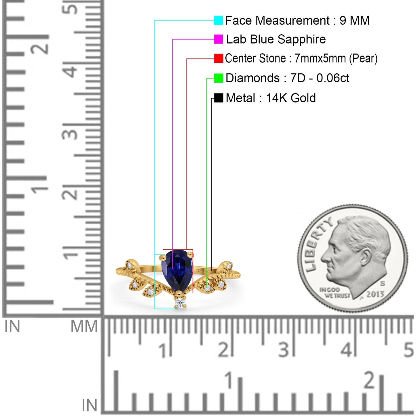 Bague de fiançailles en or jaune 14 carats avec saphir bleu nano en forme de poire de 0,77 ct et diamant G SI, taille 6,5