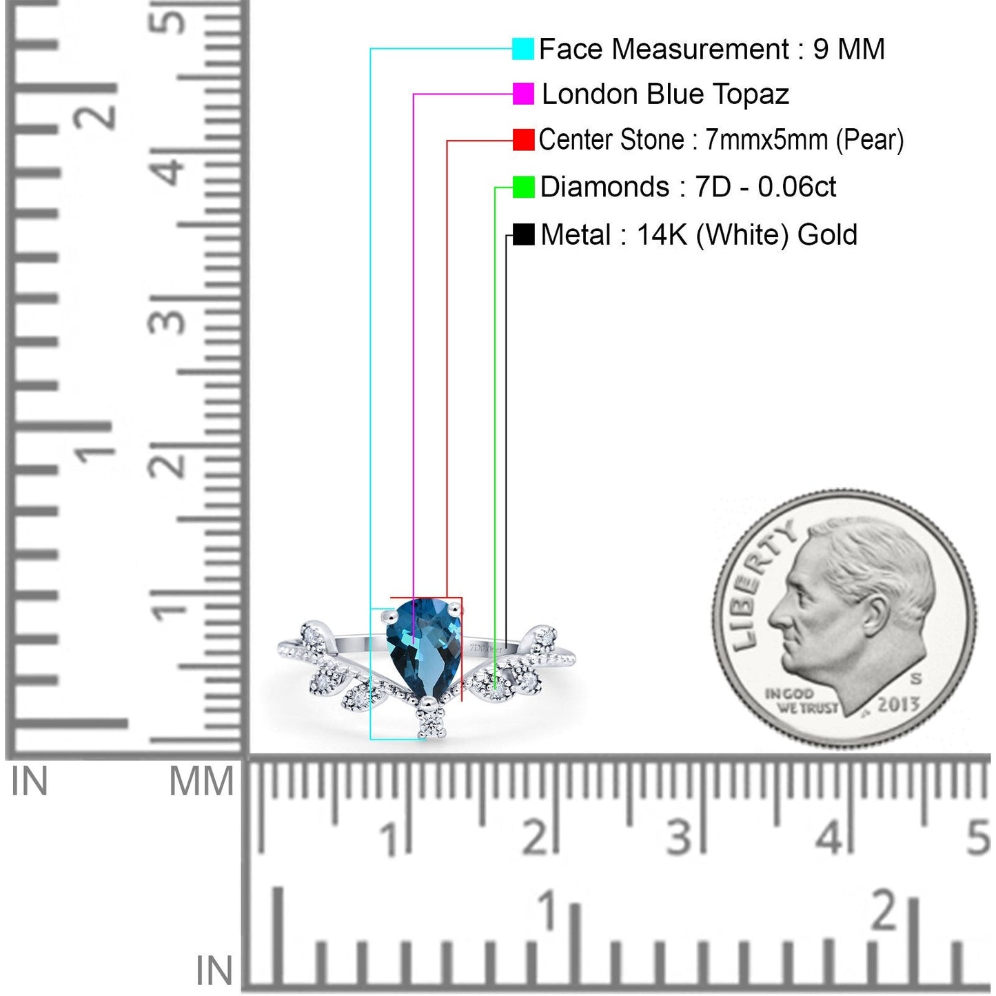 14K White Gold Pear London Blue Topaz 0.77ct G SI Diamond Engagement Ring Size 6.5