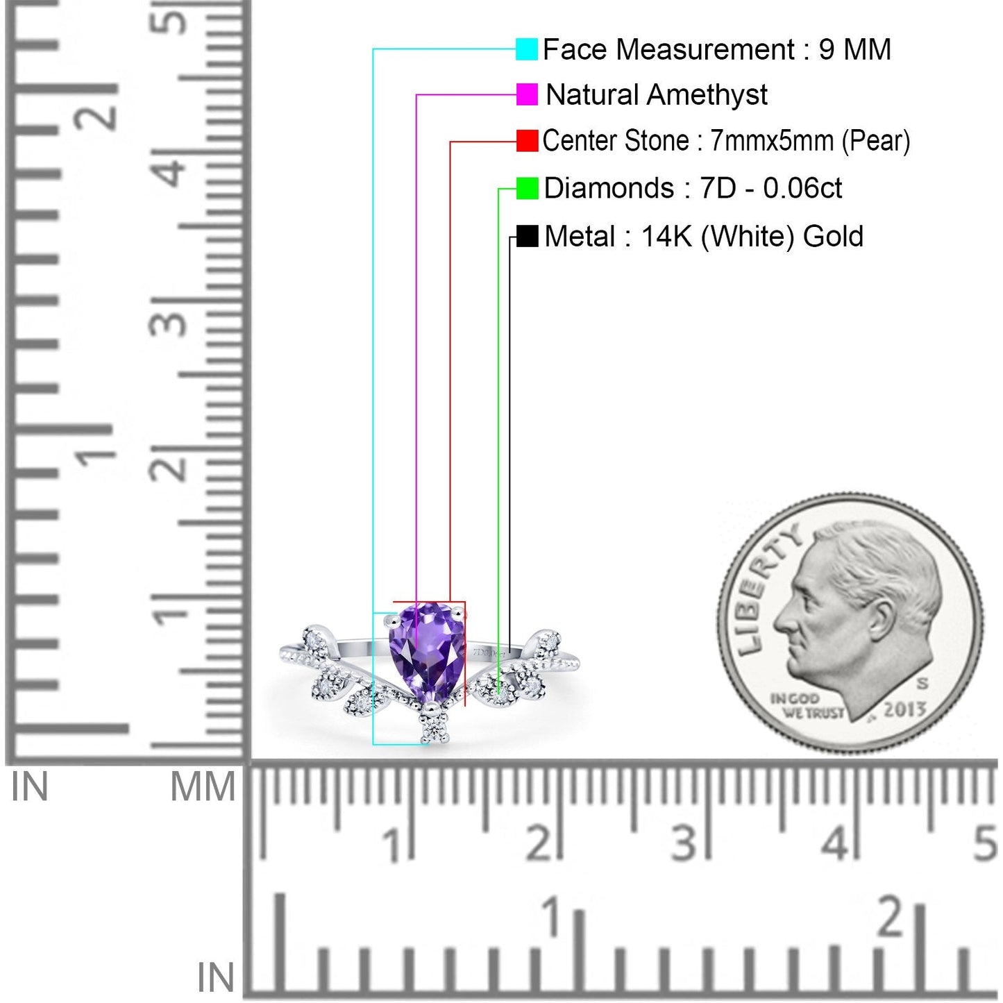 Bague de fiançailles en or blanc 14 carats avec améthyste naturelle en forme de poire de 0,77 ct G SI, diamant, taille 6,5