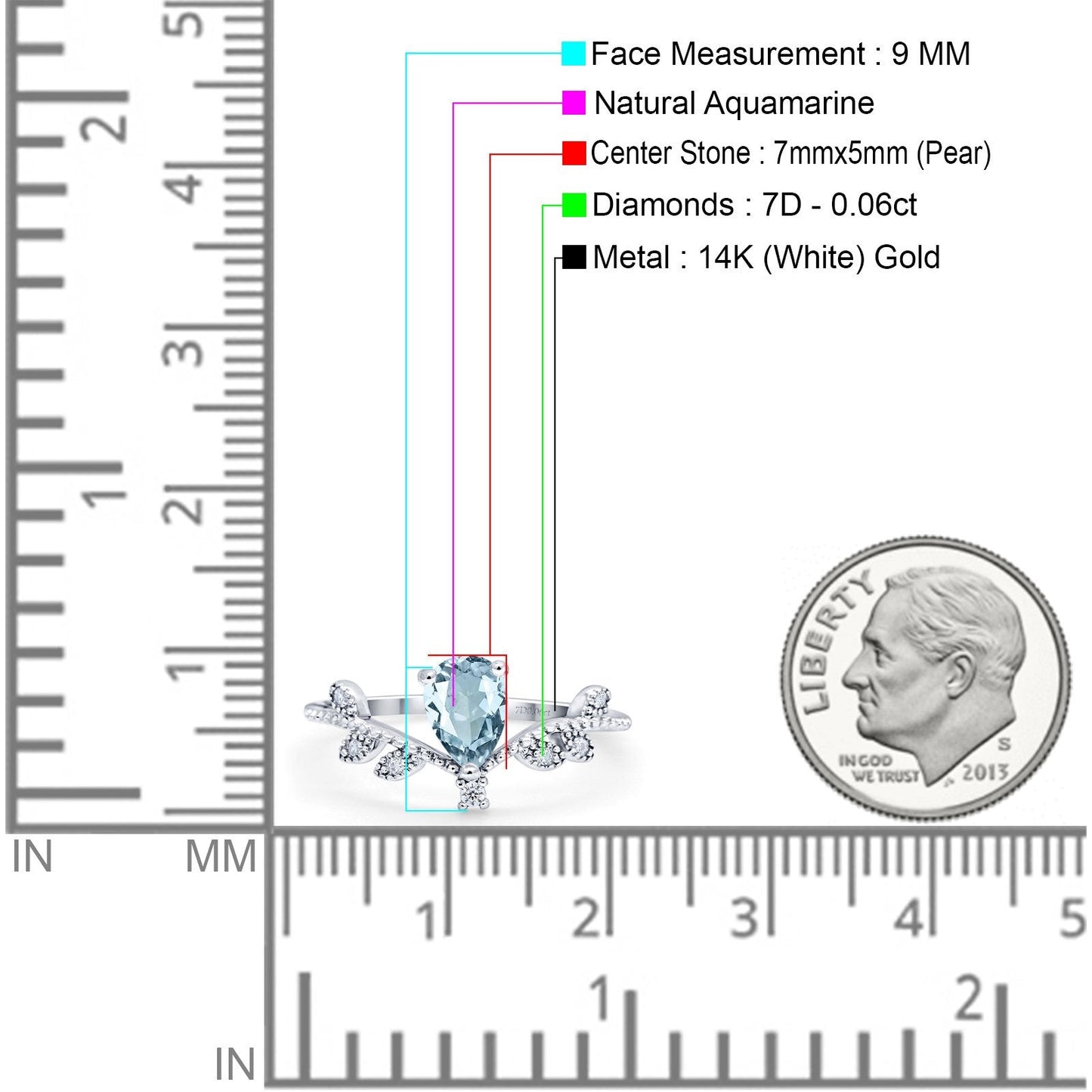 14K White Gold Pear Natural Aquamarine 0.77ct G SI Diamond Engagement Ring Size 6.5