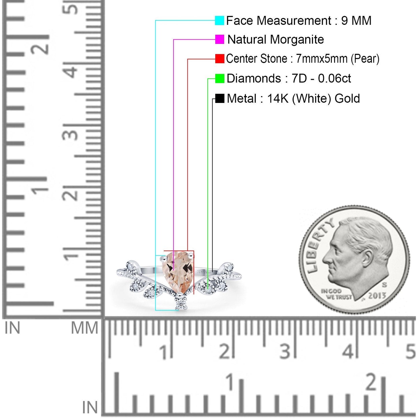 14K White Gold Pear Natural Morganite 0.77ct G SI Diamond Engagement Ring Size 6.5