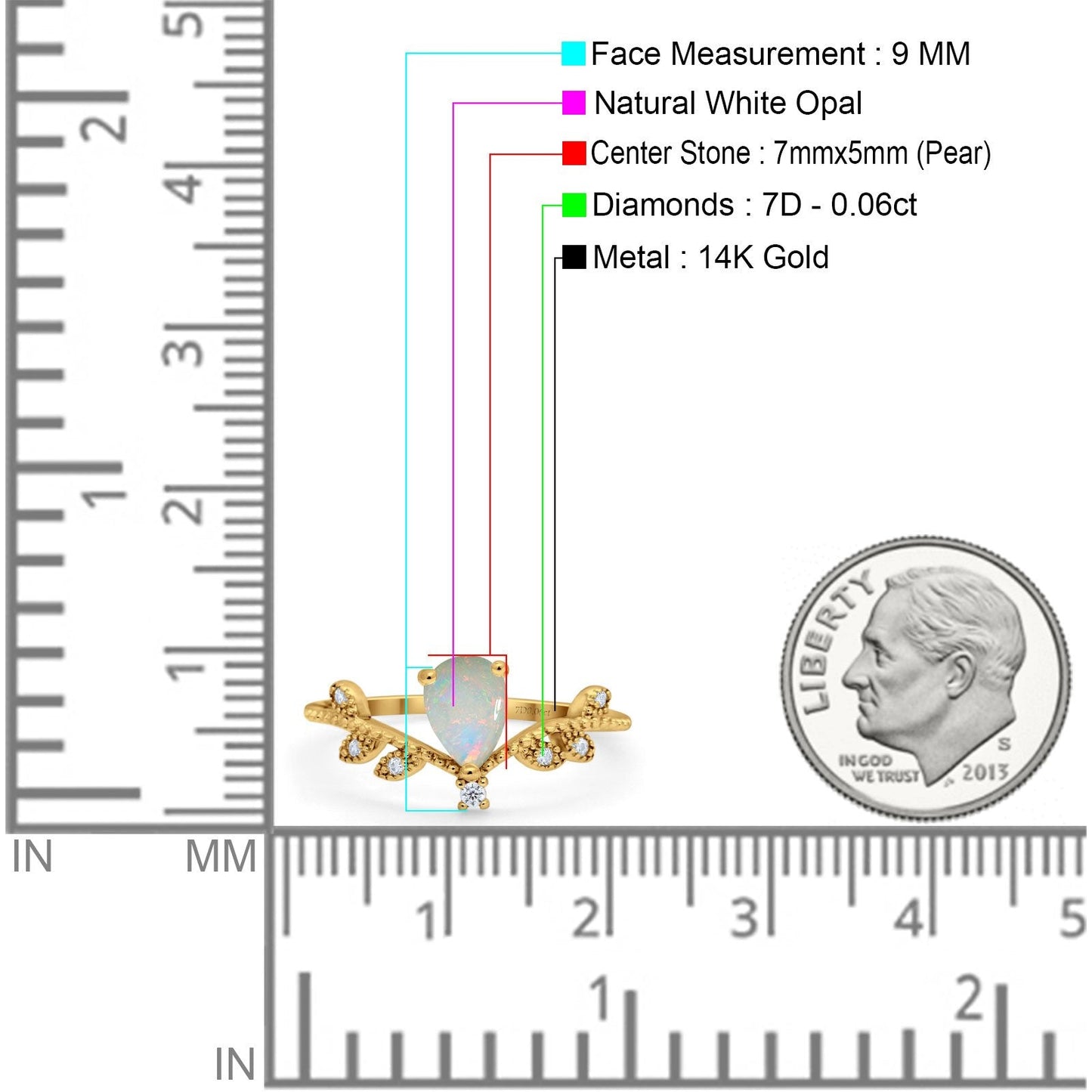 Bague de fiançailles en or jaune 14 carats avec opale blanche naturelle en forme de poire et diamant G SI de 0,06 ct, taille 6,5