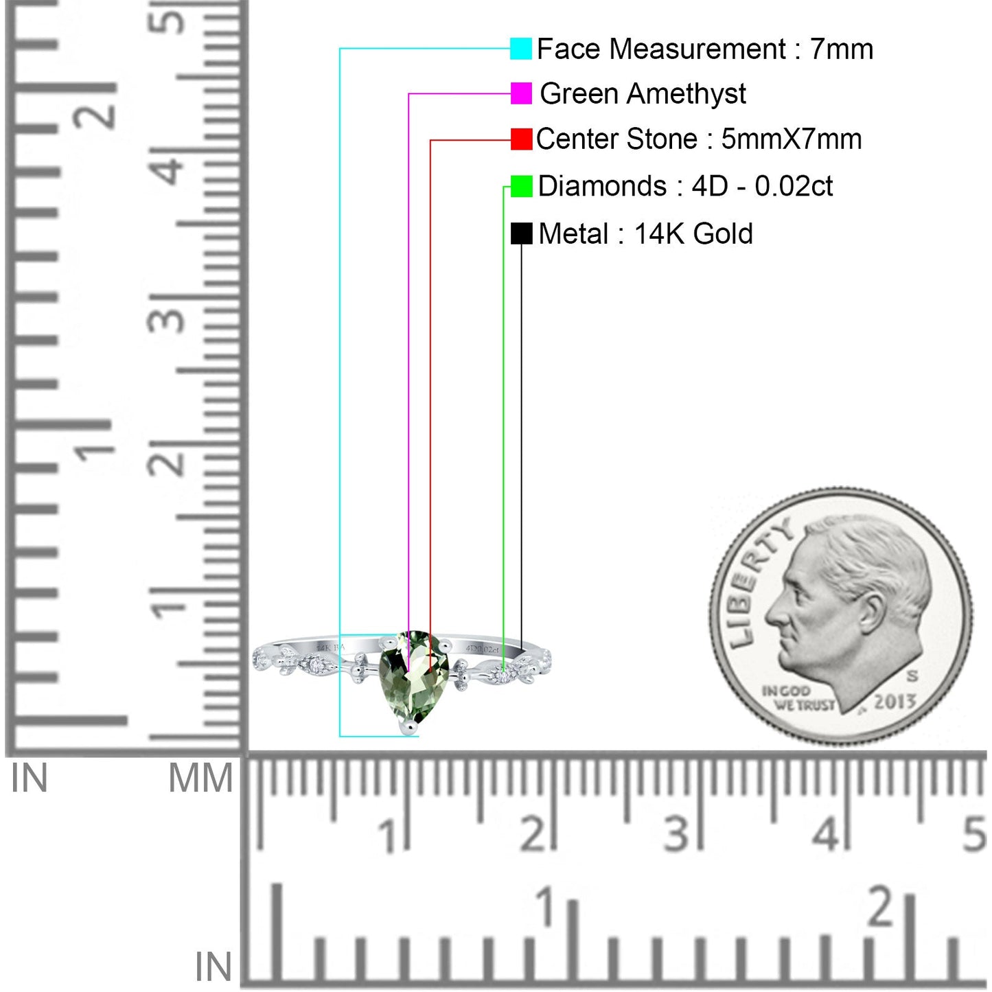 14K White Gold 0.73ct Teardrop Pear 7mmx5mm G SI Natural Green Amethyst Diamond Engagement Wedding Ring Size 6.5