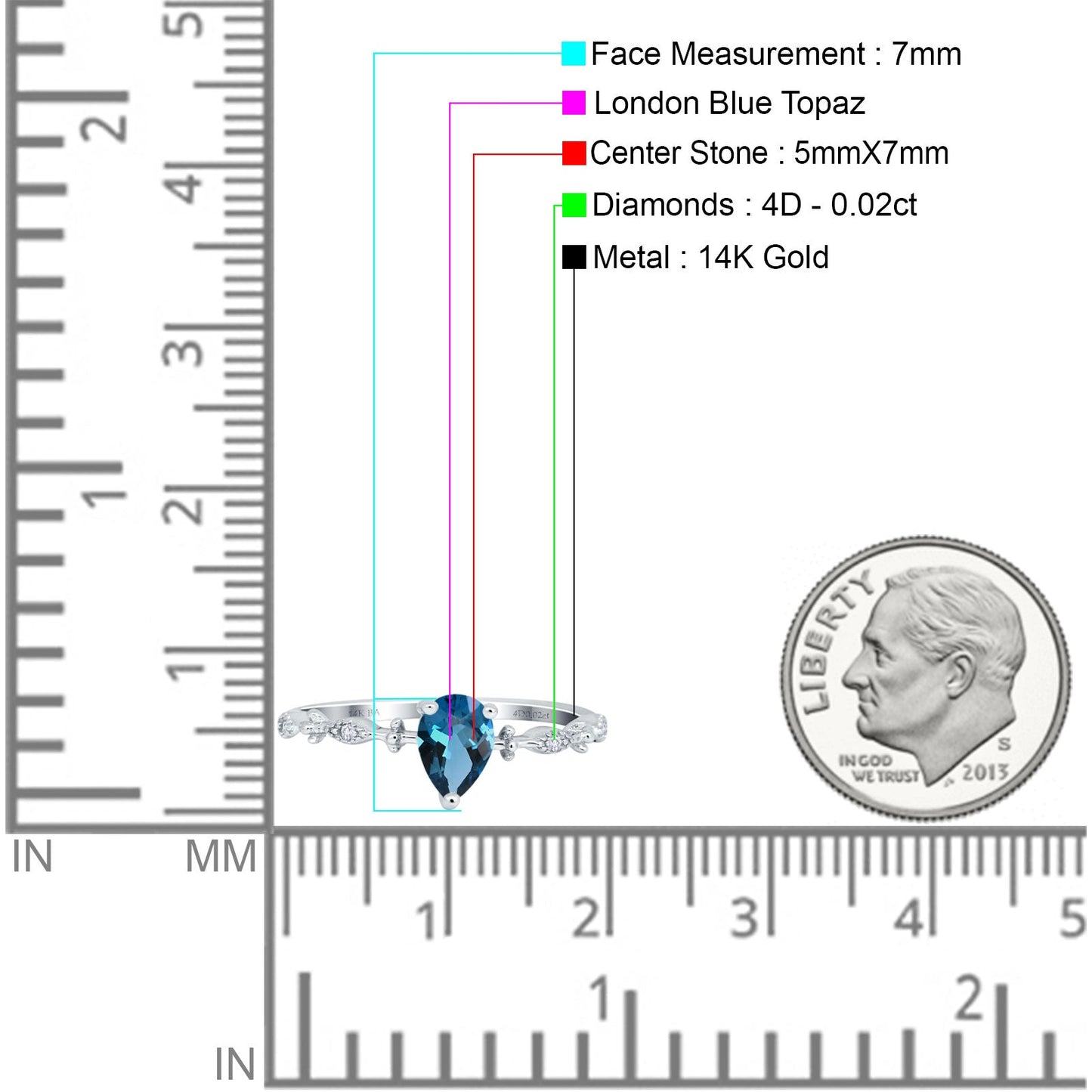 14K White Gold 0.73ct Teardrop Pear 7mmx5mm G SI London Blue Topaz Diamond Engagement Wedding Ring Size 6.5