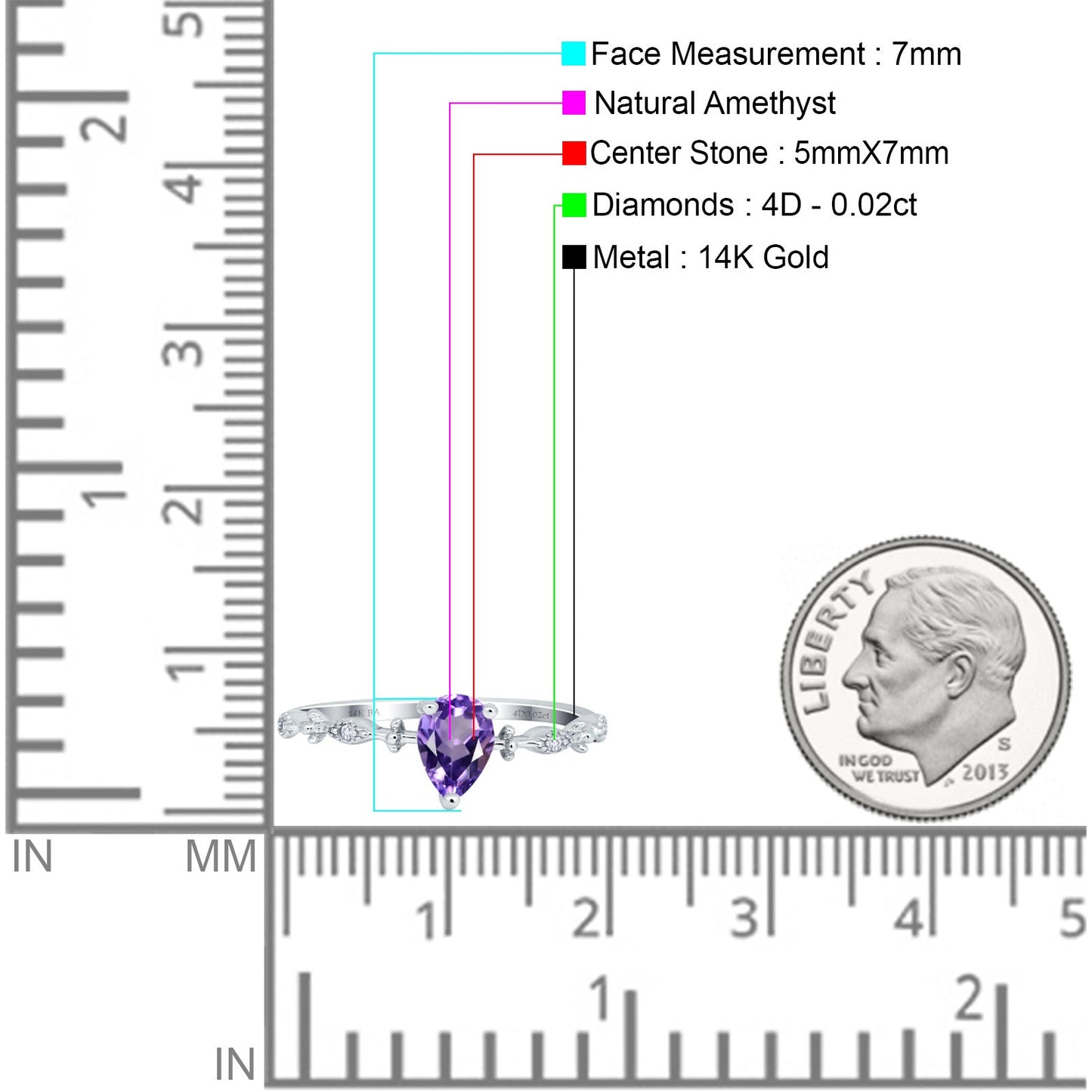 14K White Gold 0.73ct Teardrop Pear 7mmx5mm G SI Natural Amethyst Diamond Engagement Wedding Ring Size 6.5