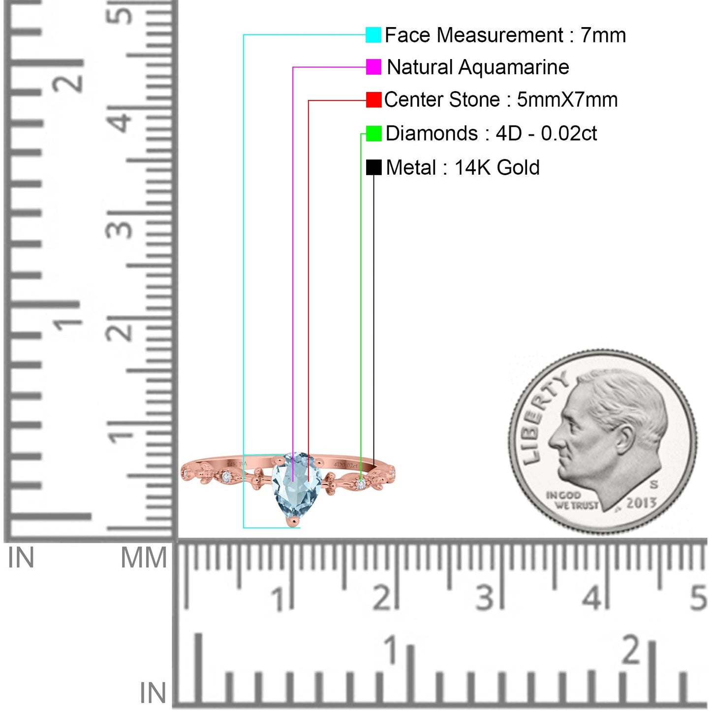 14K Rose Gold 0.73ct Teardrop Pear 7mmx5mm G SI Natural Aquamarine Diamond Engagement Wedding Ring Size 6.5