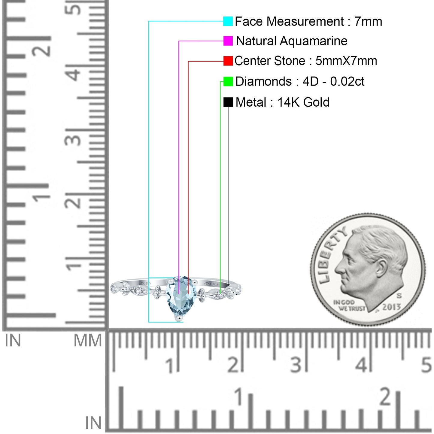 14K White Gold 0.73ct Teardrop Pear 7mmx5mm G SI Natural Aquamarine Diamond Engagement Wedding Ring Size 6.5