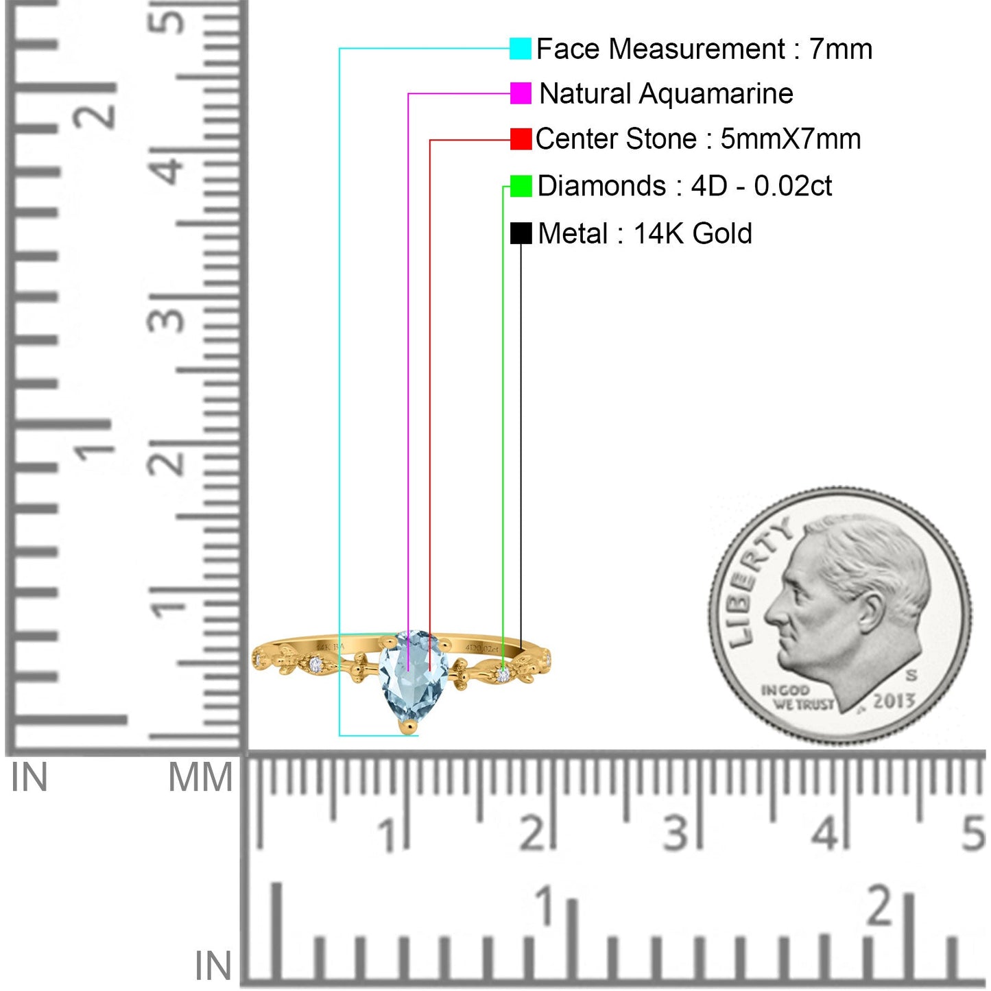 14K Yellow Gold 0.73ct Teardrop Pear 7mmx5mm G SI Natural Aquamarine Diamond Engagement Wedding Ring Size 6.5