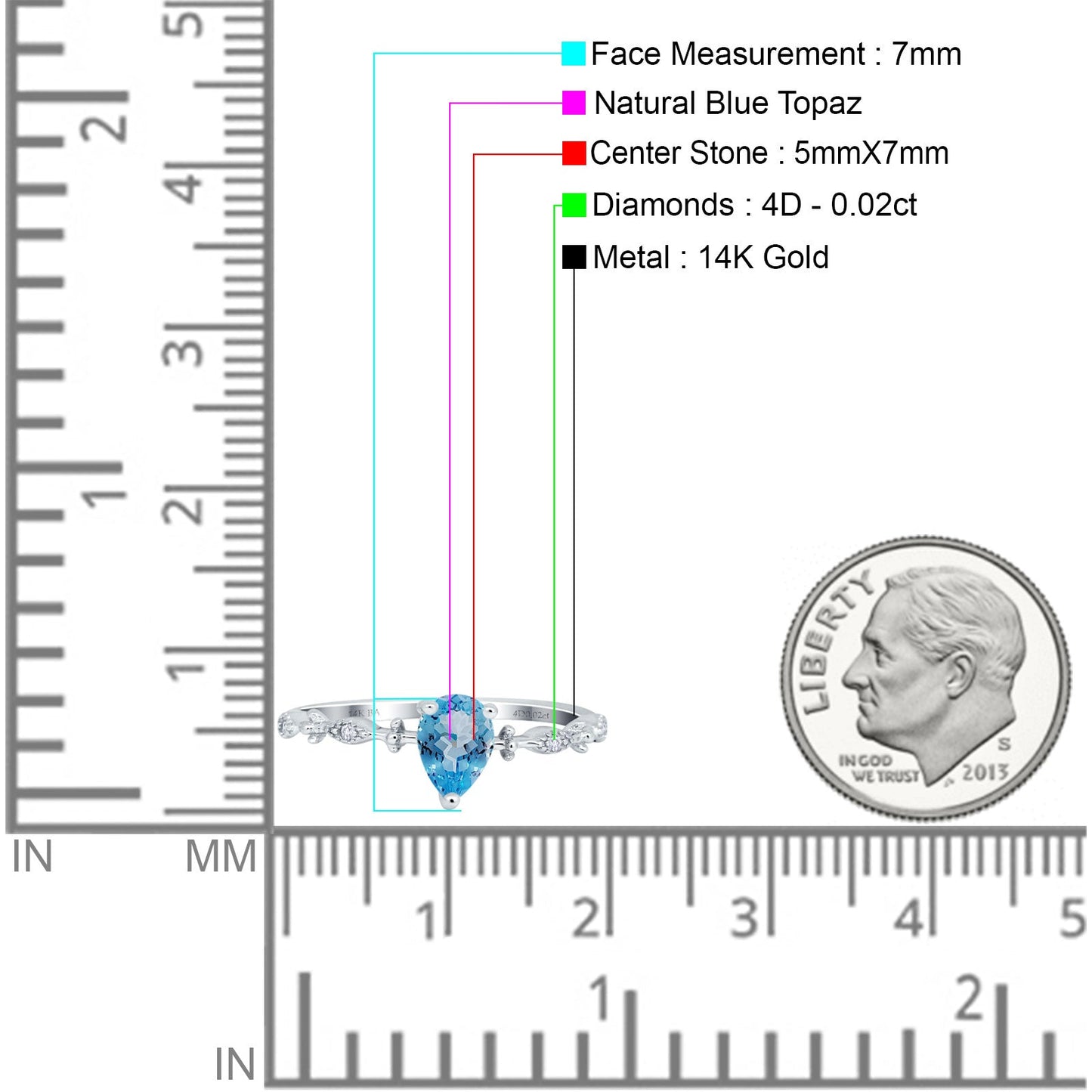 14K White Gold 0.73ct Teardrop Pear 7mmx5mm G SI Natural Blue Topaz Diamond Engagement Wedding Ring Size 6.5