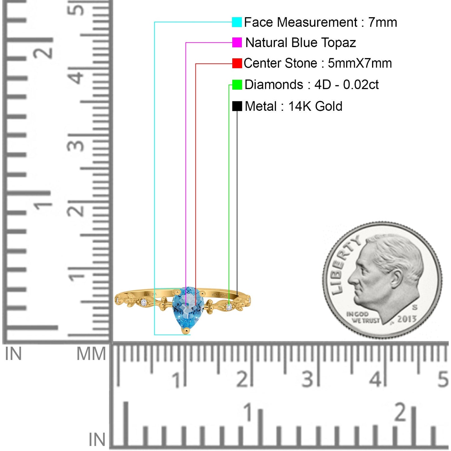 14K Yellow Gold 0.73ct Teardrop Pear 7mmx5mm G SI Natural Blue Topaz Diamond Engagement Wedding Ring Size 6.5