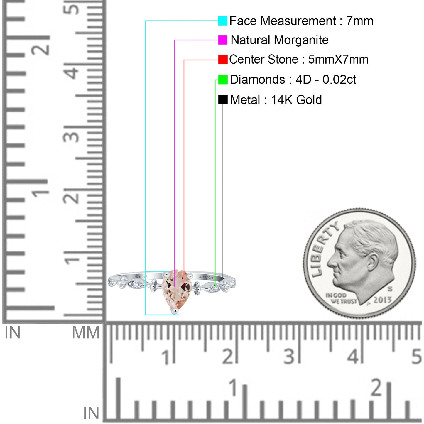 14K White Gold 0.73ct Teardrop Pear 7mmx5mm G SI Natural Morganite Diamond Engagement Wedding Ring Size 6.5