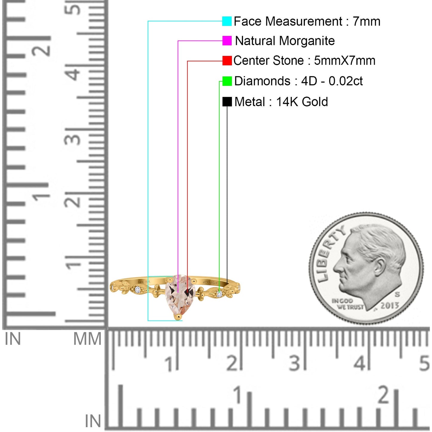 14K Yellow Gold 0.73ct Teardrop Pear 7mmx5mm G SI Natural Morganite Diamond Engagement Wedding Ring Size 6.5