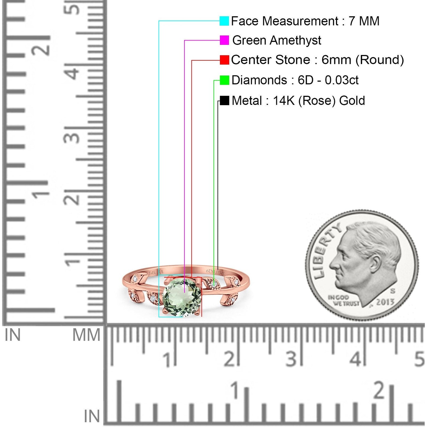 14K Rose Gold 0.87ct Round Natural Green Amethyst G SI Diamond Engagement Ring Size 6.5