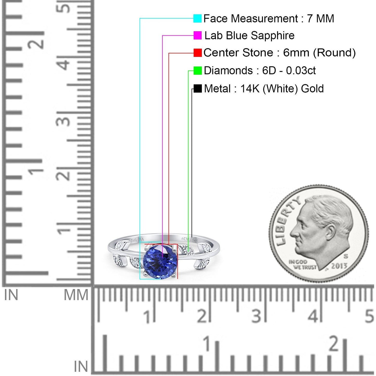 14K White Gold 0.87ct Round Nano Blue Sapphire G SI Diamond Engagement Ring Size 6.5