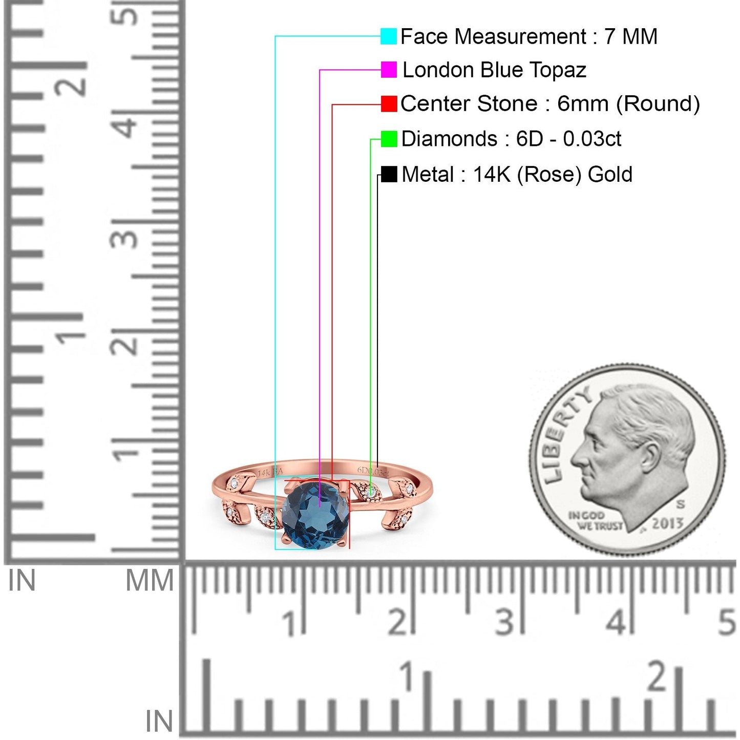 14K Rose Gold 0.87ct Round London Blue Topaz G SI Diamond Engagement Ring Size 6.5