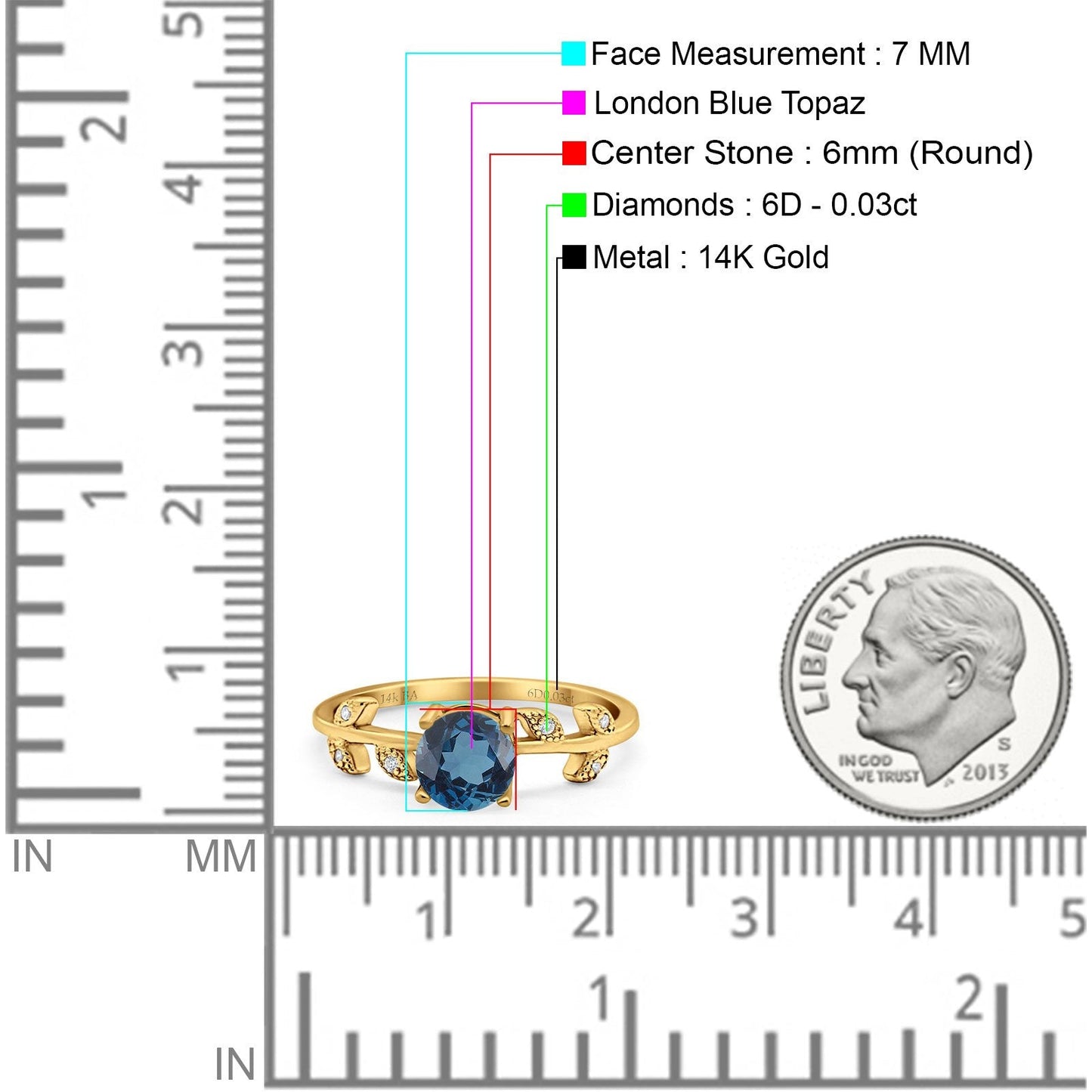 14K Yellow Gold 0.87ct Round London Blue Topaz G SI Diamond Engagement Ring Size 6.5