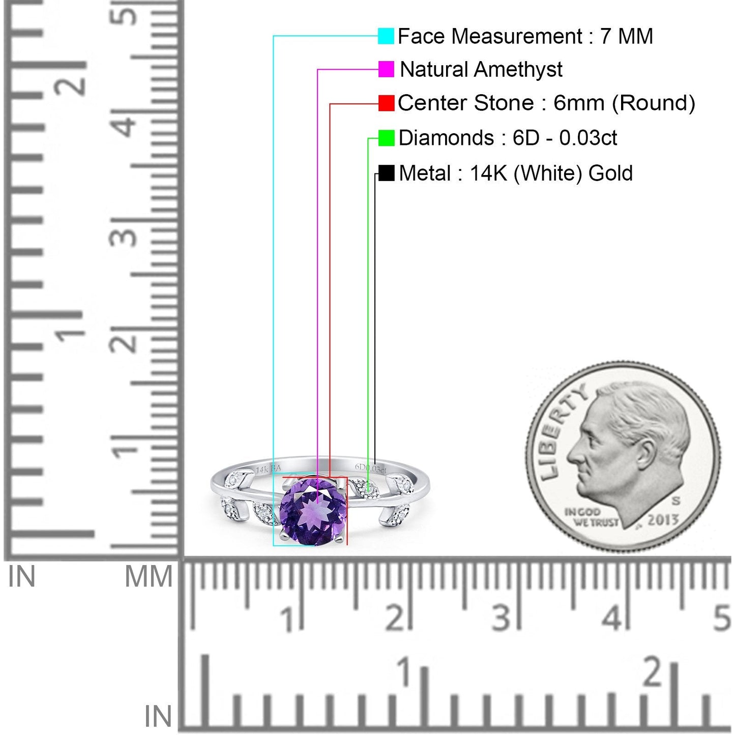 14K White Gold 0.87ct Round Natural Amethyst G SI Diamond Engagement Ring Size 6.5