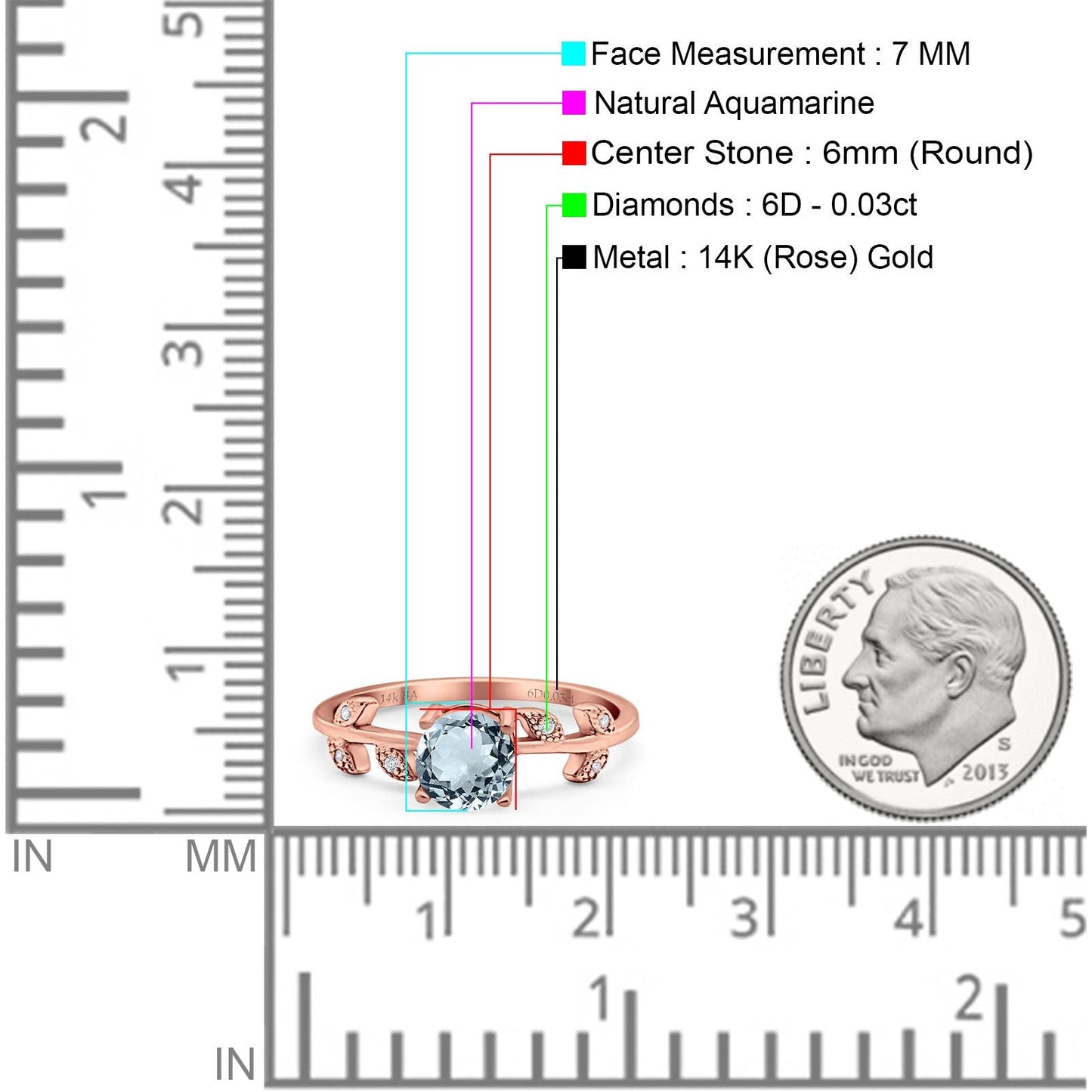 14K Rose Gold 0.87ct Round Natural Aquamarine G SI Diamond Engagement Ring Size 6.5