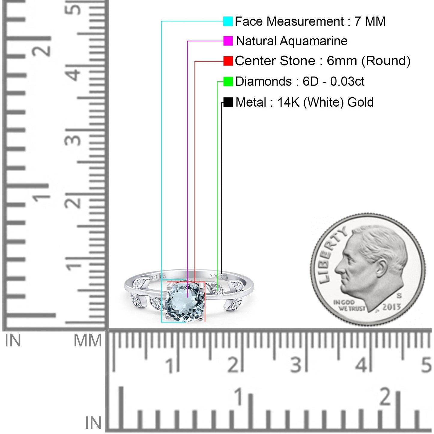 14K White Gold 0.87ct Round Natural Aquamarine G SI Diamond Engagement Ring Size 6.5