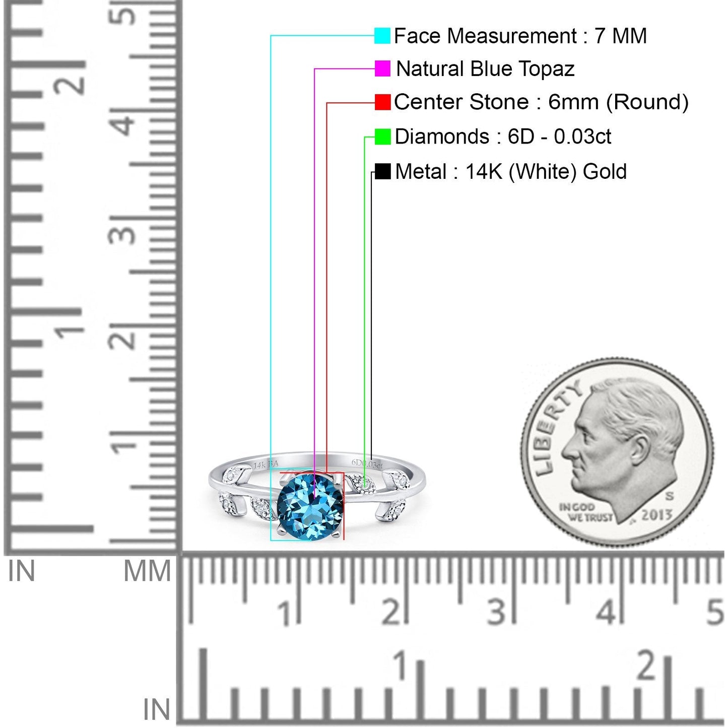 14K White Gold 0.87ct Round Natural Swiss Blue Topaz G SI Diamond Engagement Ring Size 6.5