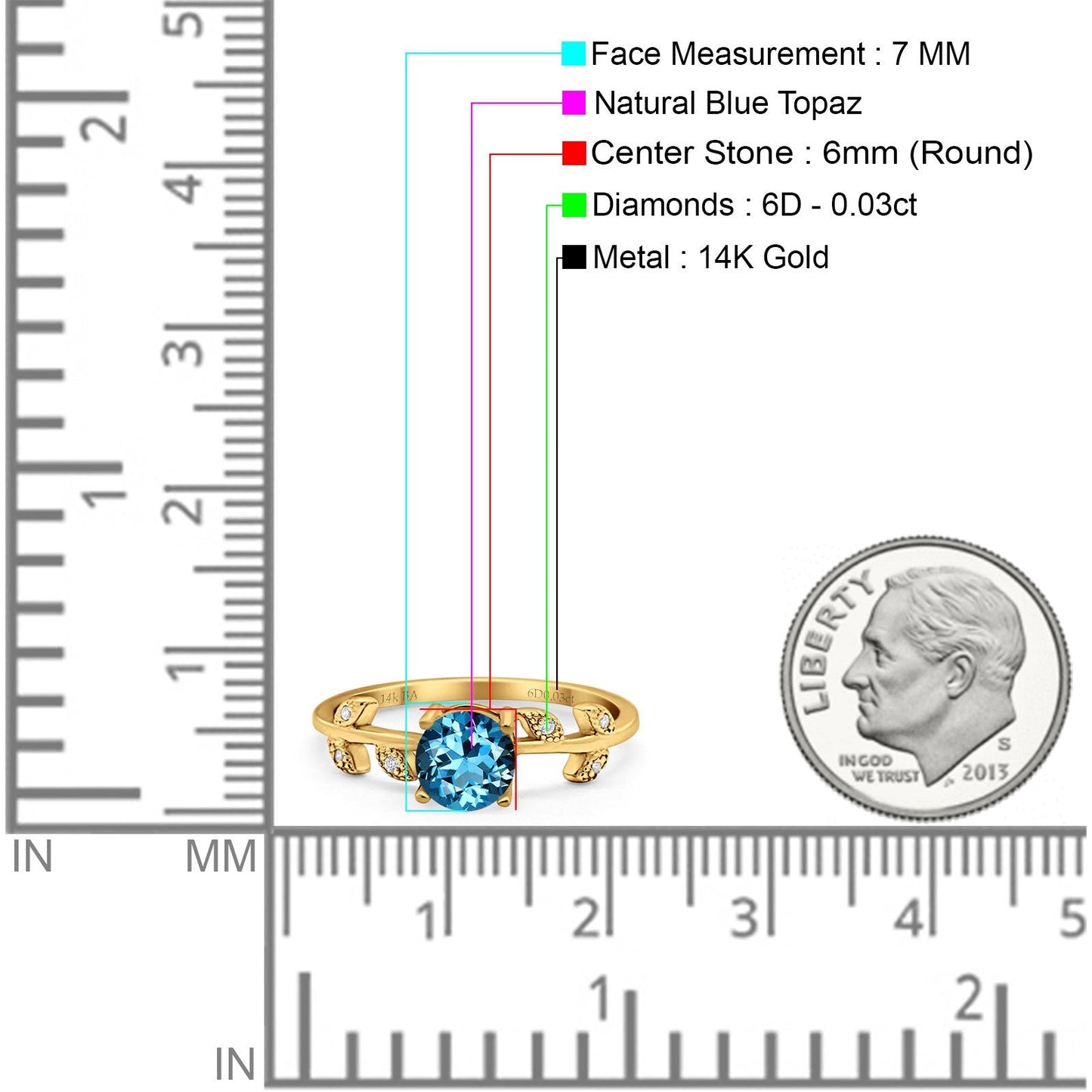 14K Yellow Gold 0.87ct Round Natural Swiss Blue Topaz G SI Diamond Engagement Ring Size 6.5