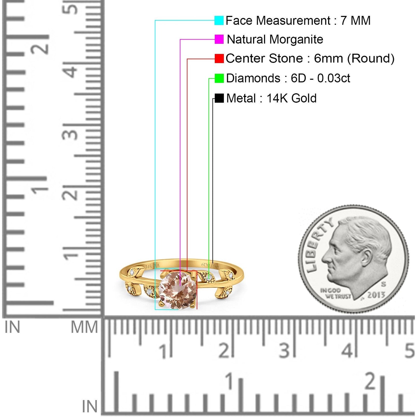 14K Yellow Gold 0.87ct Round Natural Morganite G SI Diamond Engagement Ring Size 6.5