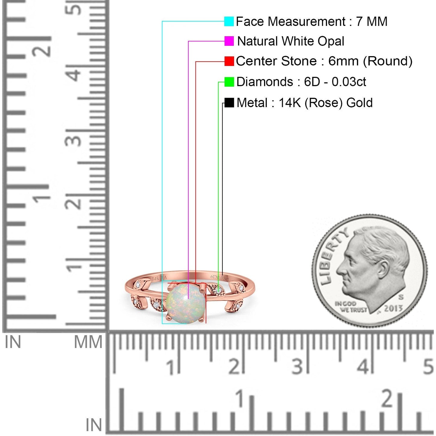 14K Rose Gold 0.03ct Round Natural White Opal G SI Diamond Engagement Ring Size 6.5