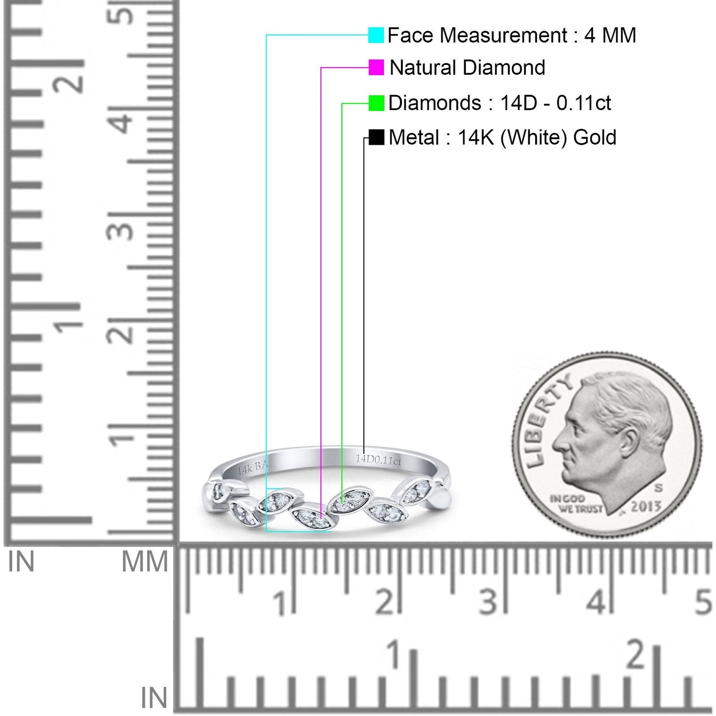 14K White Gold Diamond Half Eternity Band Engagement Ring 0.11ct Size 6.5