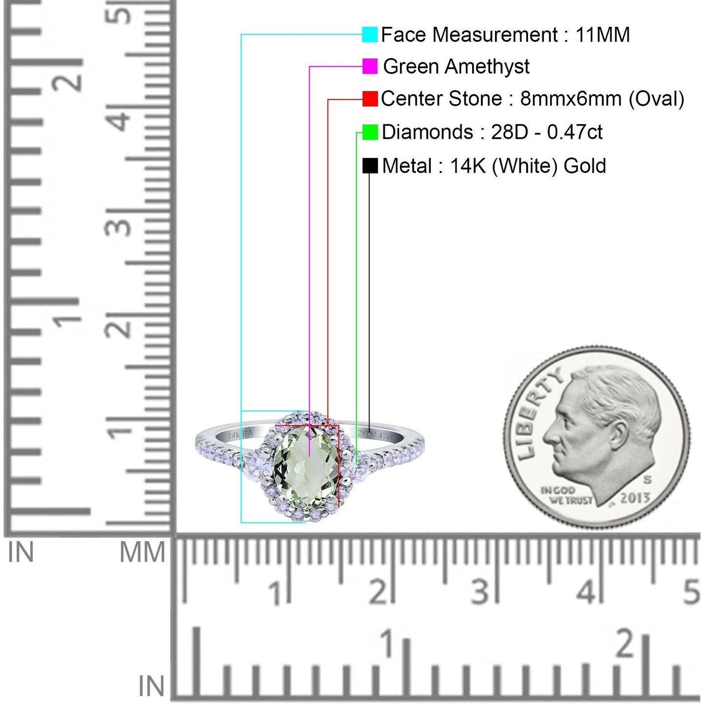 Bague de fiançailles en or blanc 14 carats avec améthyste verte naturelle ovale de 1,68 ct et diamant G SI, taille 6,5