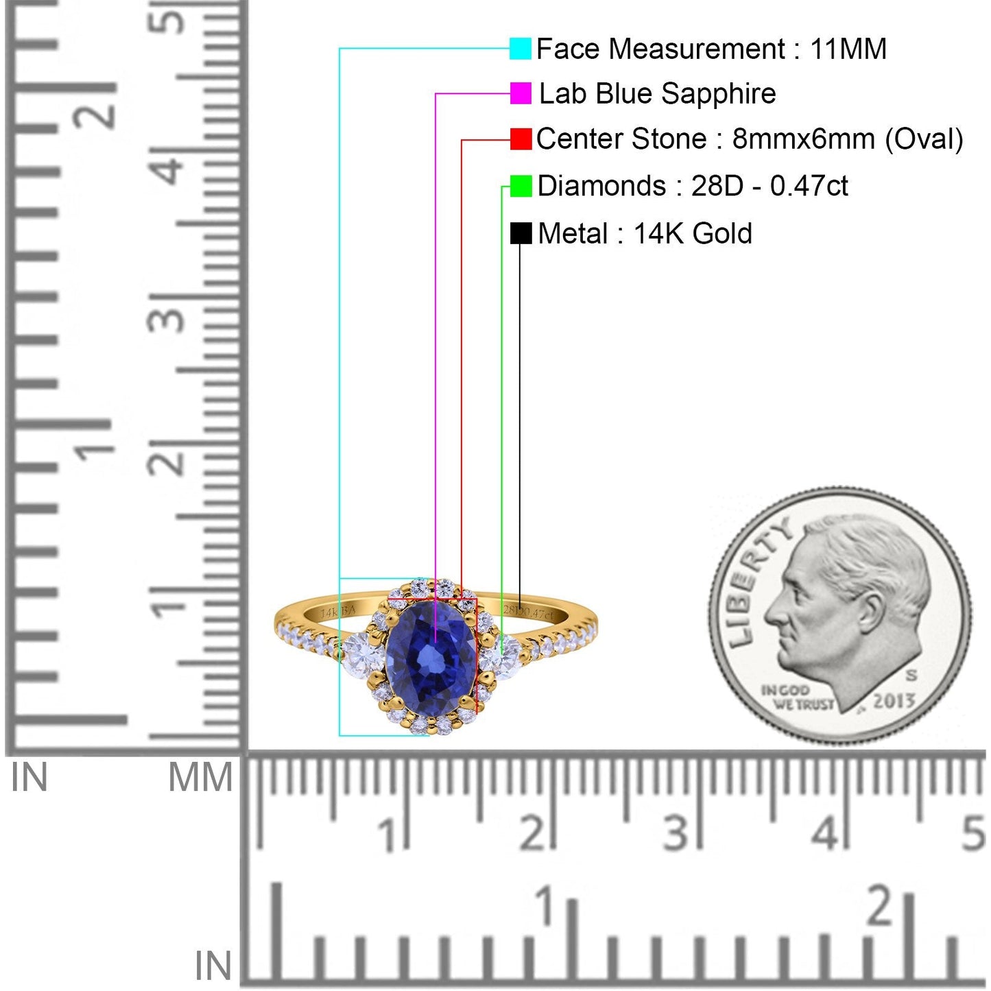 14K Yellow Gold 1.68ct Oval Nano Blue Sapphire G SI Diamond Engagement Ring Size 6.5