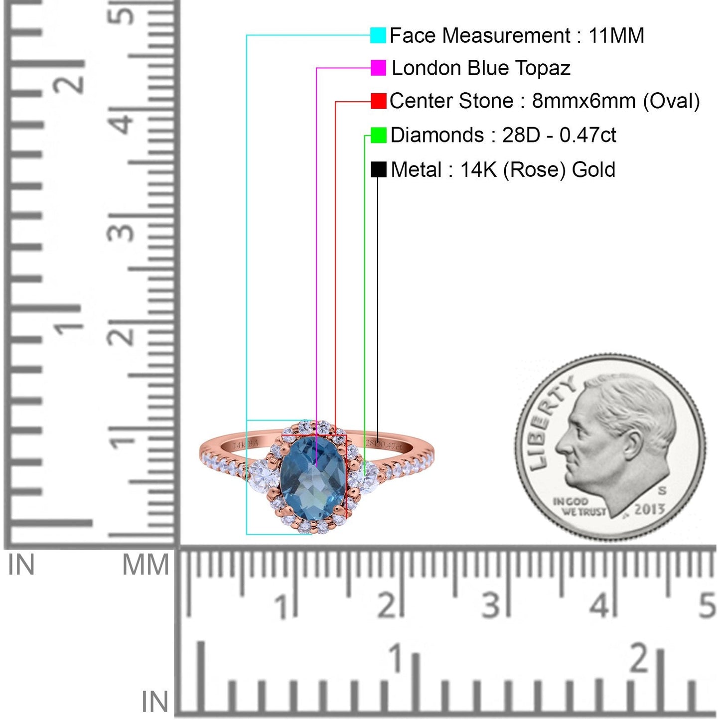 Bague de fiançailles en or rose 14 carats avec topaze bleue de Londres ovale de 1,68 ct et diamant G SI, taille 6,5