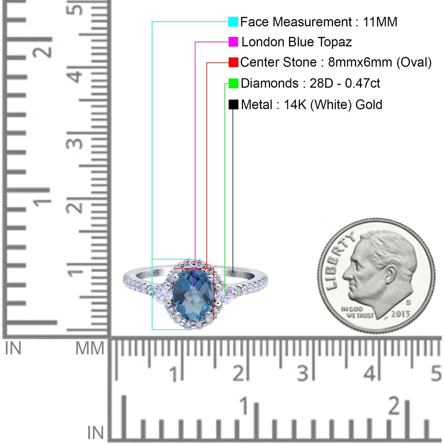 14K White Gold 1.68ct Oval London Blue Topaz G SI Diamond Engagement Ring Size 6.5