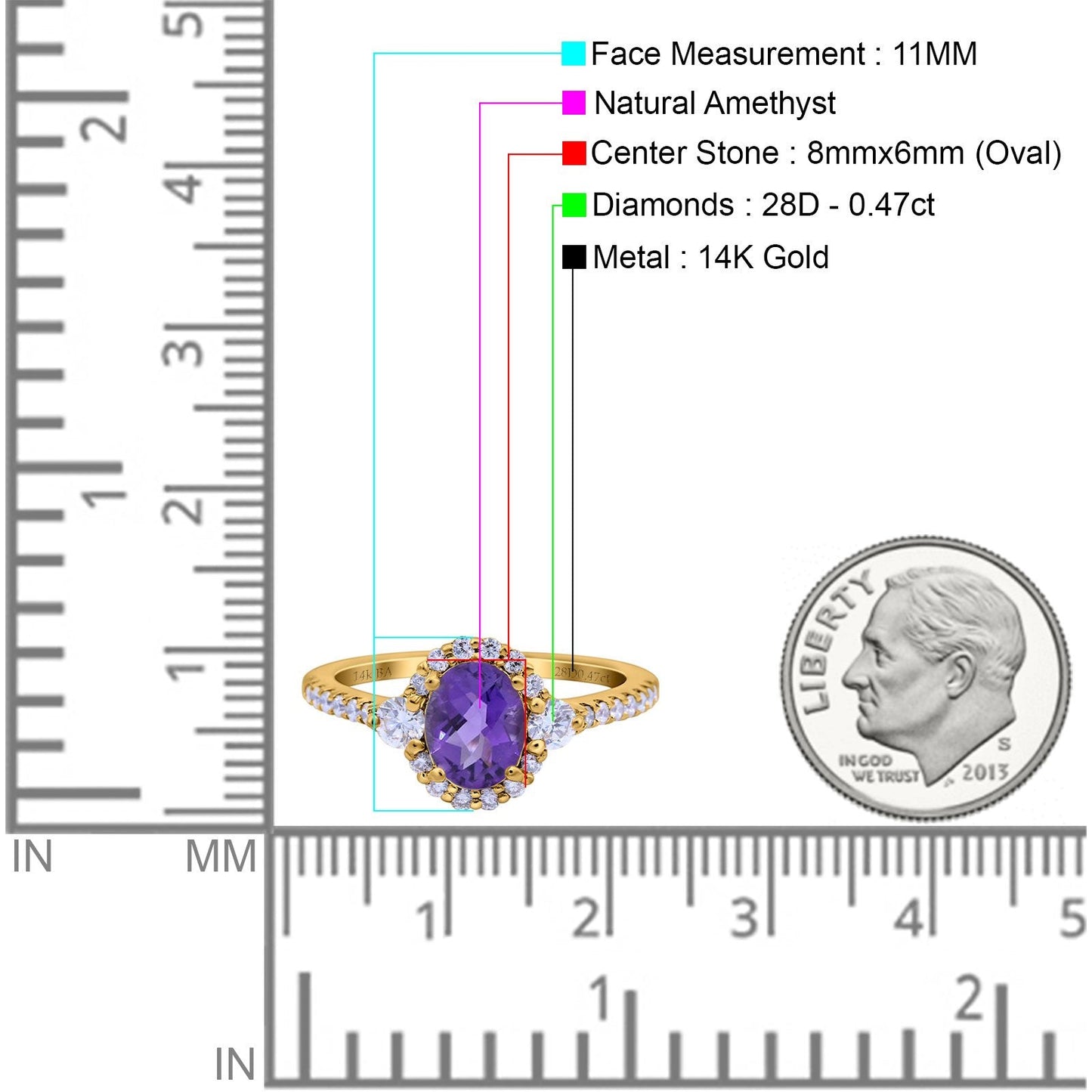 14K Yellow Gold 1.68ct Oval Natural Amethyst G SI Diamond Engagement Ring Size 6.5