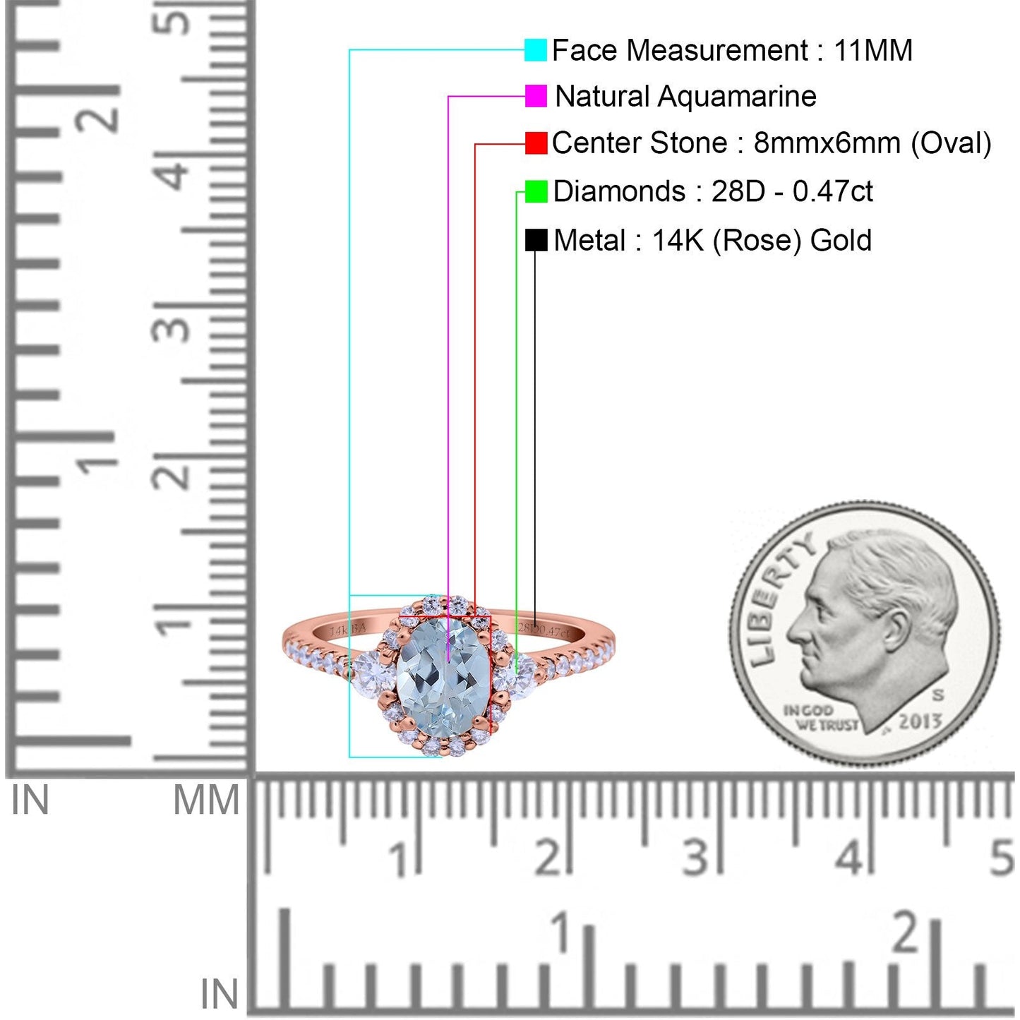 14K Rose Gold 1.68ct Oval Natural Aquamarine G SI Diamond Engagement Ring Size 6.5