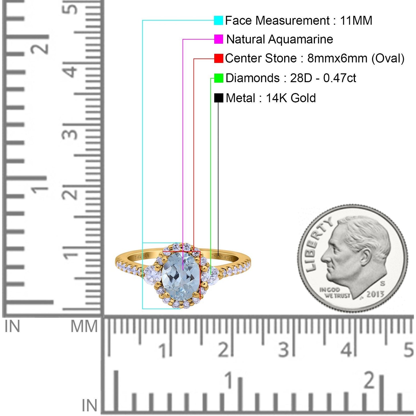 14K Yellow Gold 1.68ct Oval Natural Aquamarine G SI Diamond Engagement Ring Size 6.5