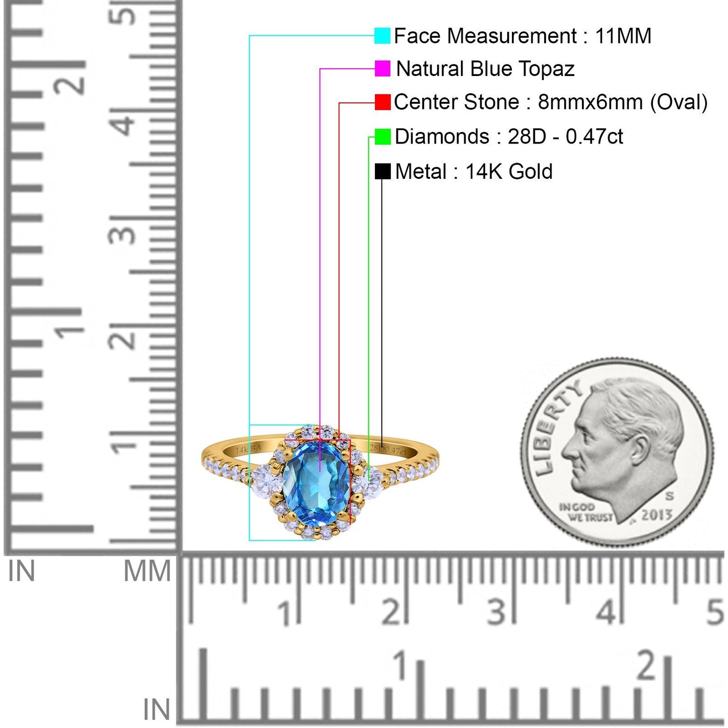 14K Yellow Gold 1.68ct Oval Natural Swiss Blue Topaz G SI Diamond Engagement Ring Size 6.5