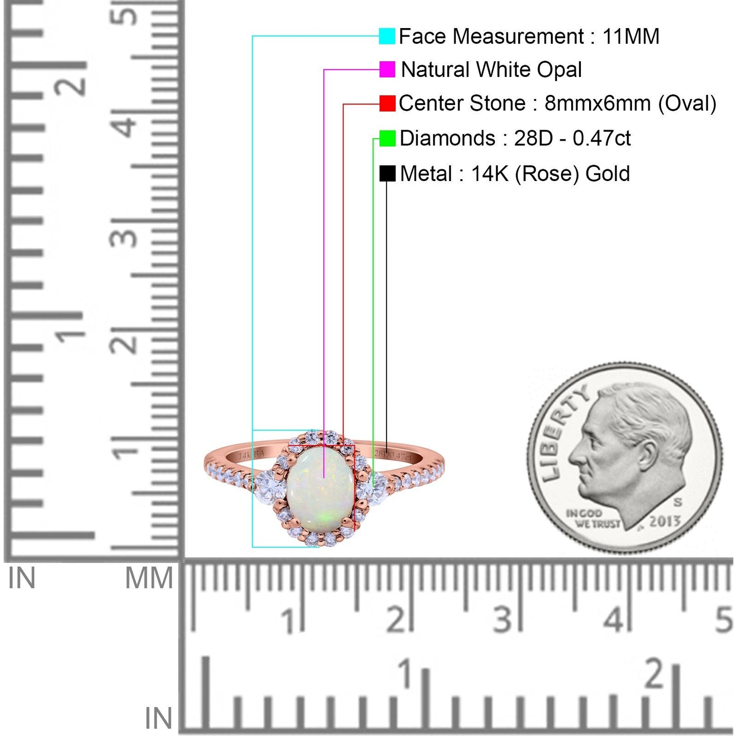 14K Rose Gold 0.47ct Oval Natural White Opal G SI Diamond Engagement Ring Size 6.5