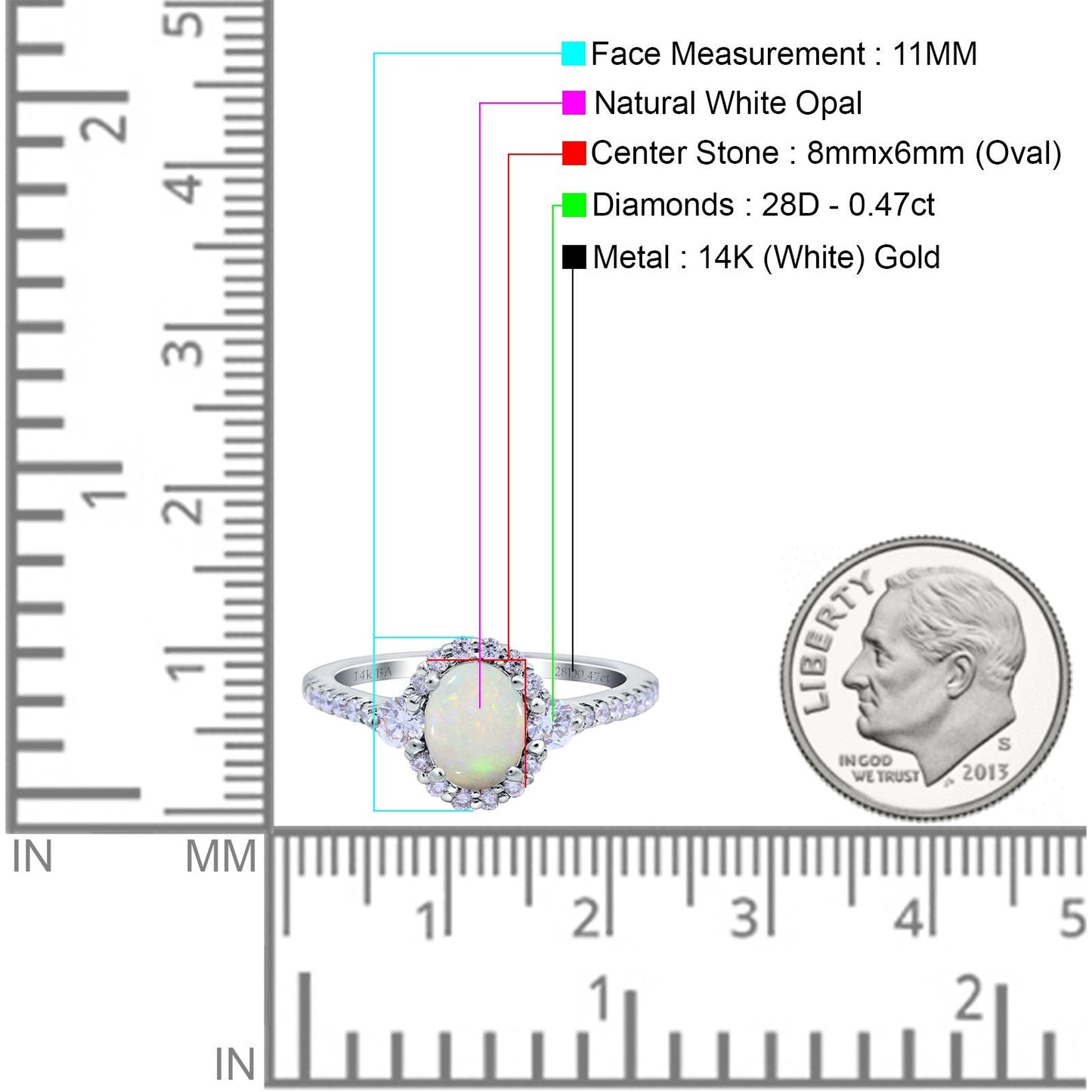 14K White Gold 0.47ct Oval Natural White Opal G SI Diamond Engagement Ring Size 6.5