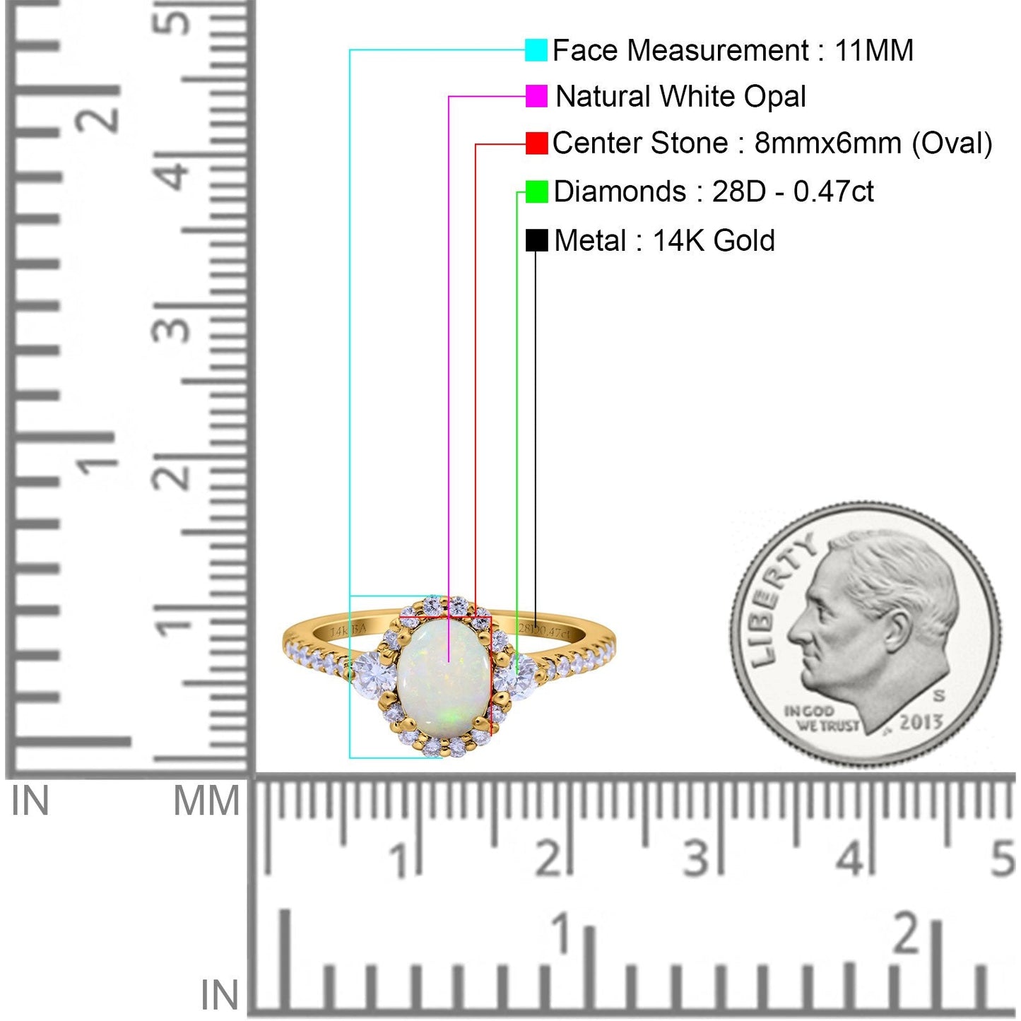 14K Yellow Gold 0.47ct Oval Natural White Opal G SI Diamond Engagement Ring Size 6.5