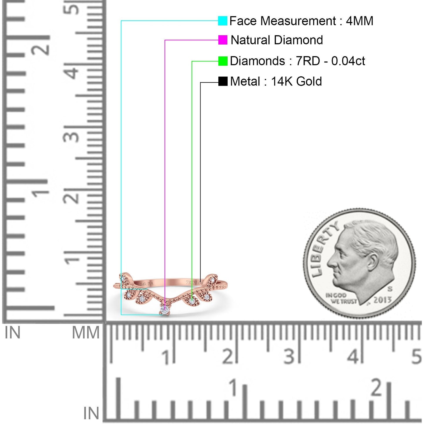 14K Rose Gold 0.04ct Round 4mm G SI Art Deco V Design Half Eternity Diamond Bands Engagement Wedding Ring Size 6.5