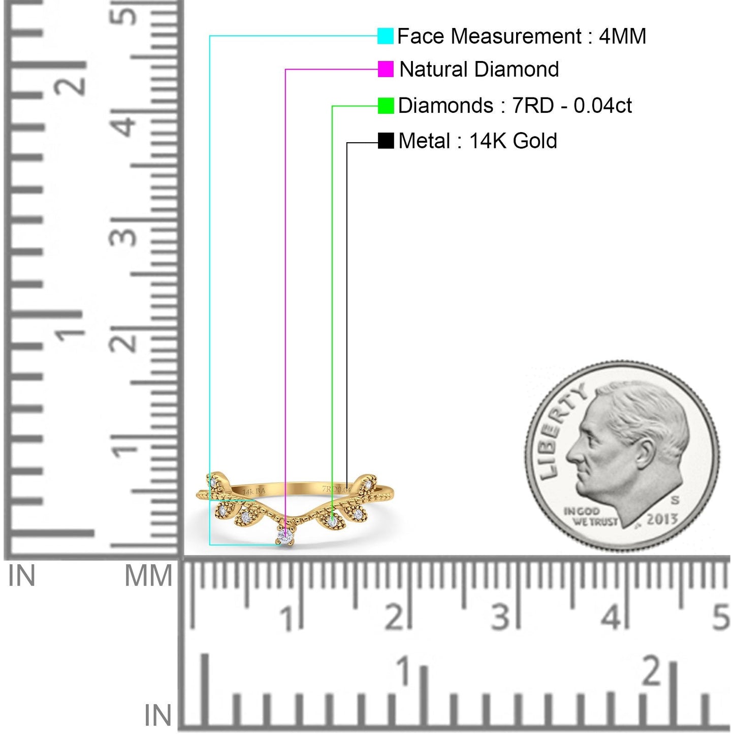 14K Yellow Gold 0.04ct Round 4mm G SI Art Deco V Design Half Eternity Diamond Bands Engagement Wedding Ring Size 6.5