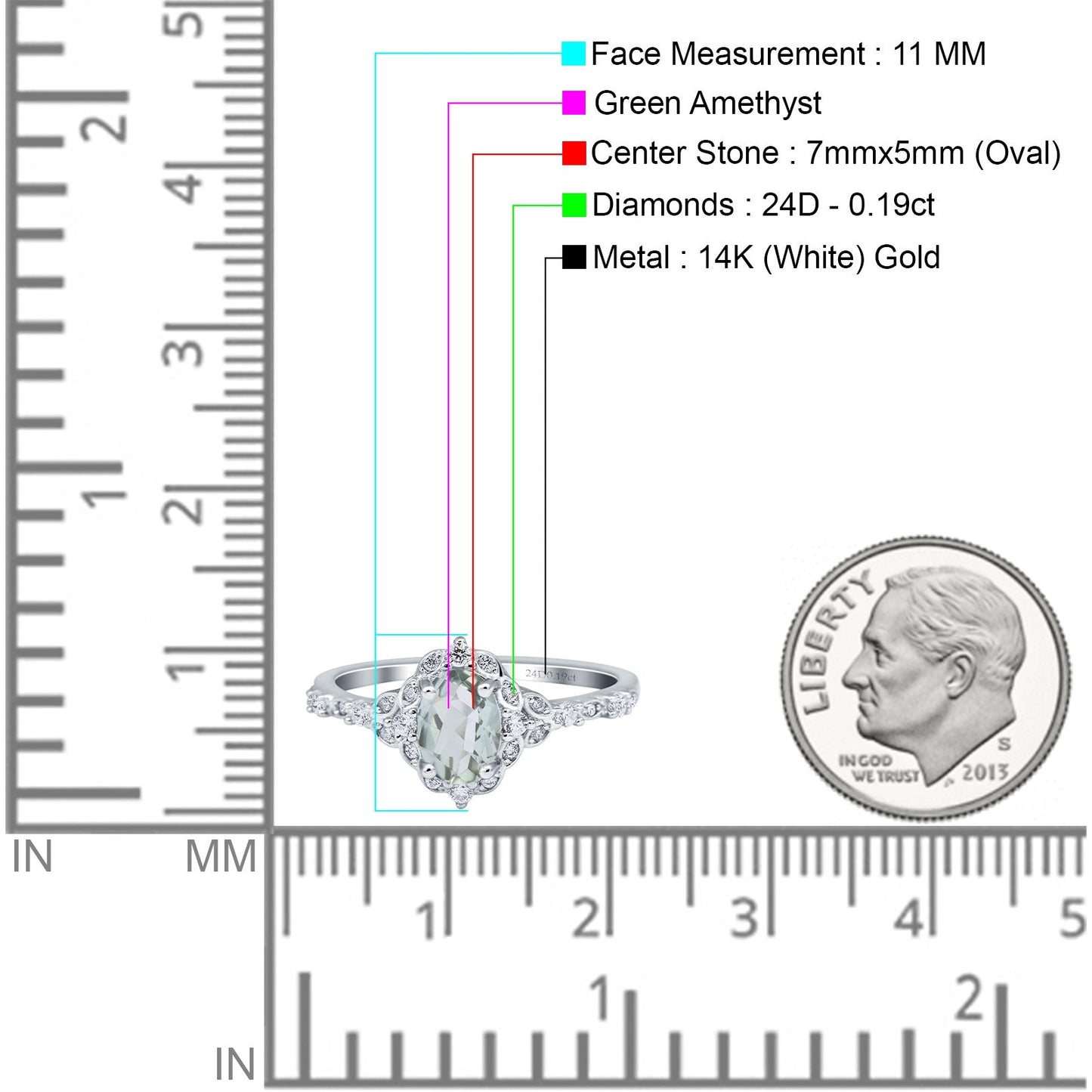 14K White Gold Oval Natural Green Amethyst 0.95ct G SI Diamond Engagement Ring Size 6.5