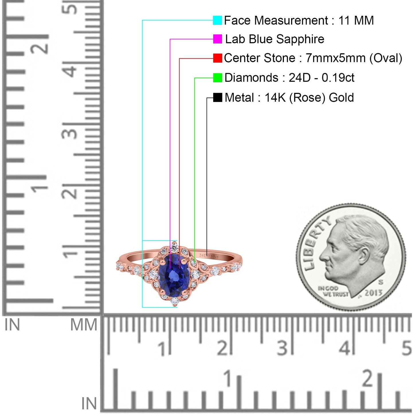 14K Rose Gold Oval Nano Blue Sapphire 0.95ct G SI Diamond Engagement Ring Size 6.5