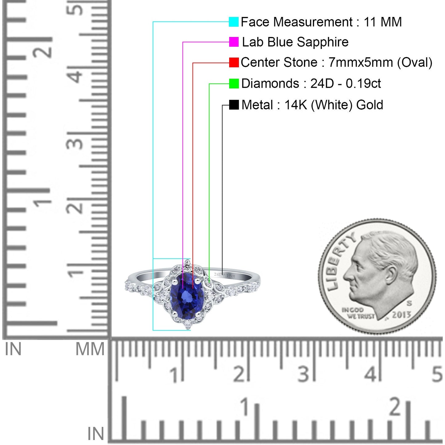 14K White Gold Oval Nano Blue Sapphire 0.95ct G SI Diamond Engagement Ring Size 6.5