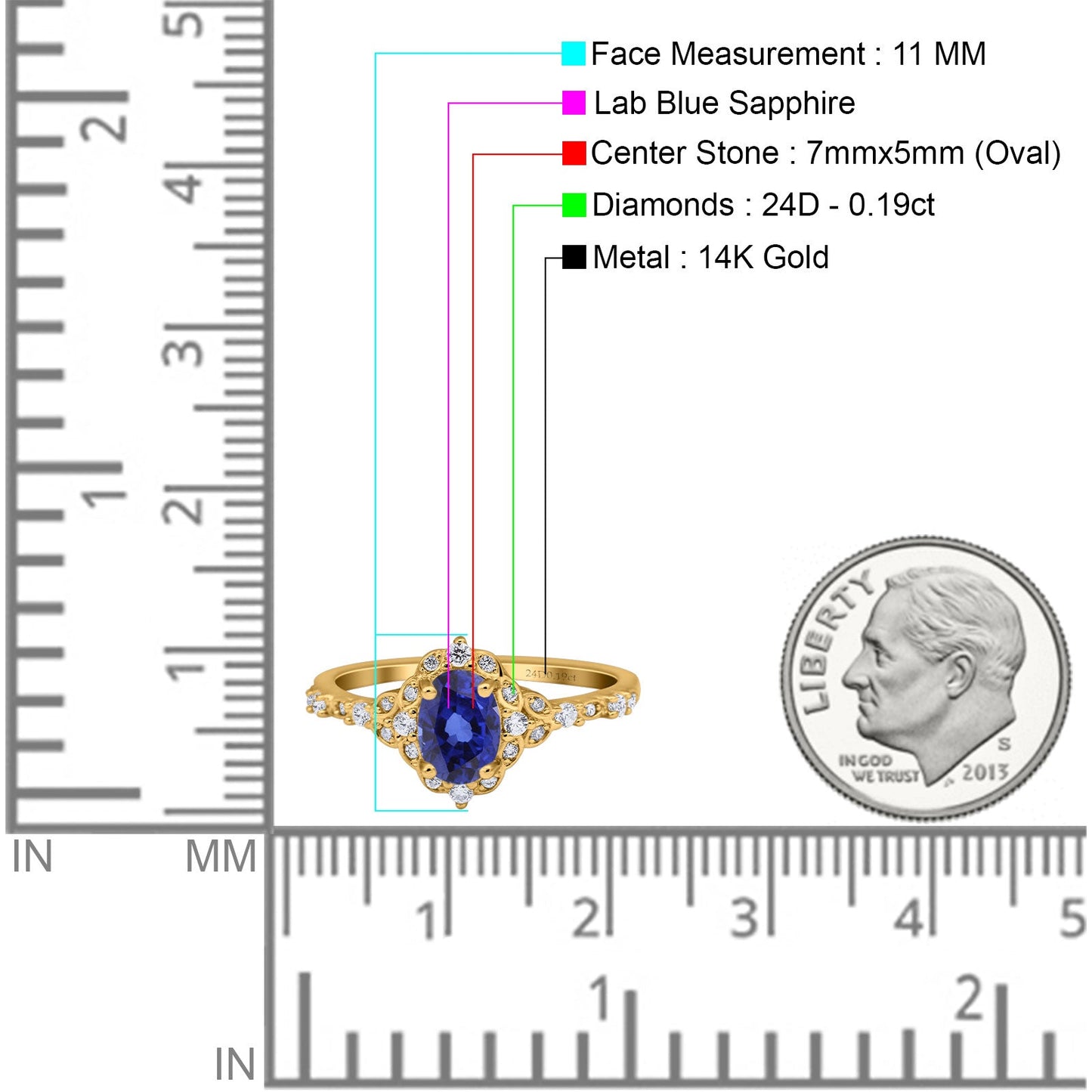 14K Yellow Gold Oval Nano Blue Sapphire 0.95ct G SI Diamond Engagement Ring Size 6.5