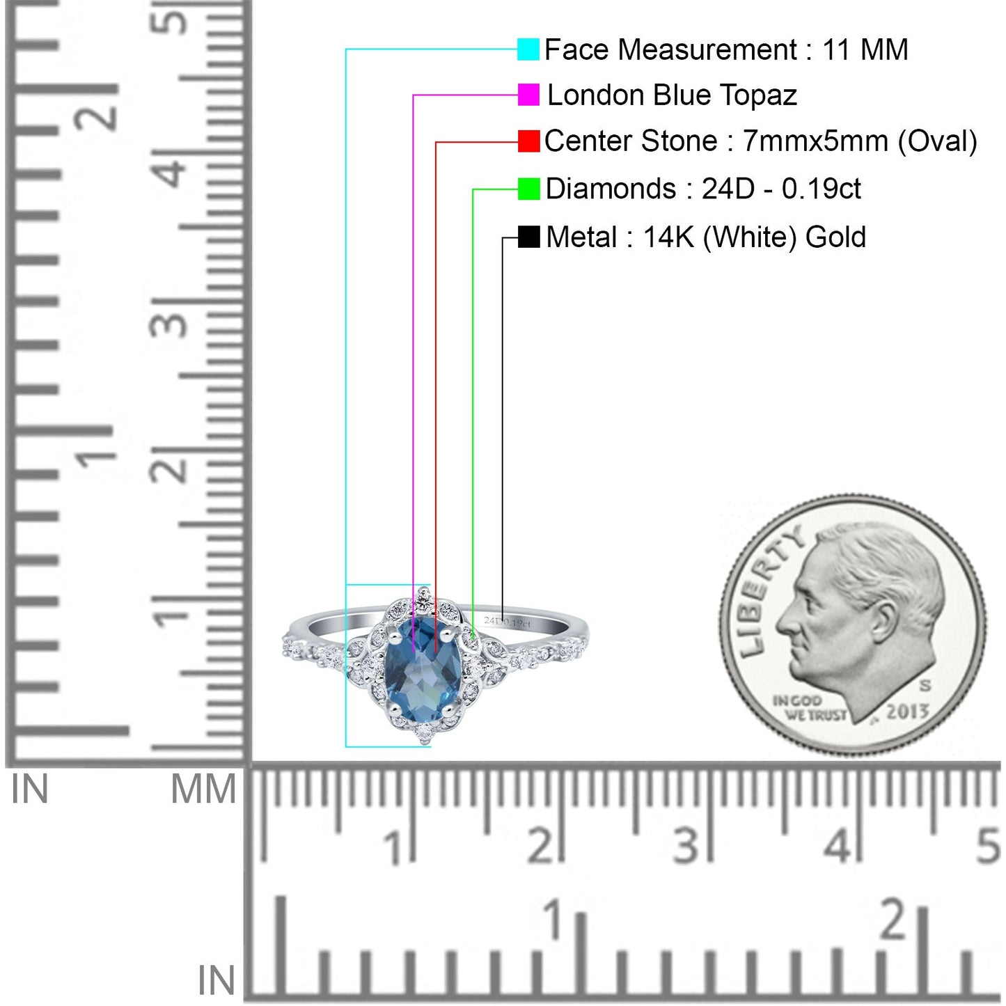 14K White Gold Oval London Blue Topaz 0.95ct G SI Diamond Engagement Ring Size 6.5