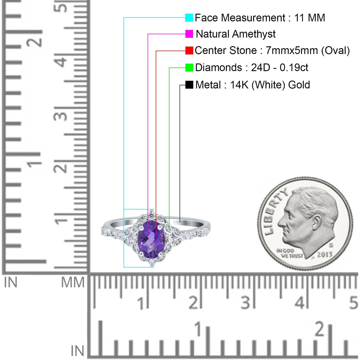 14K White Gold Oval Natural Amethyst 0.95ct G SI Diamond Engagement Ring Size 6.5