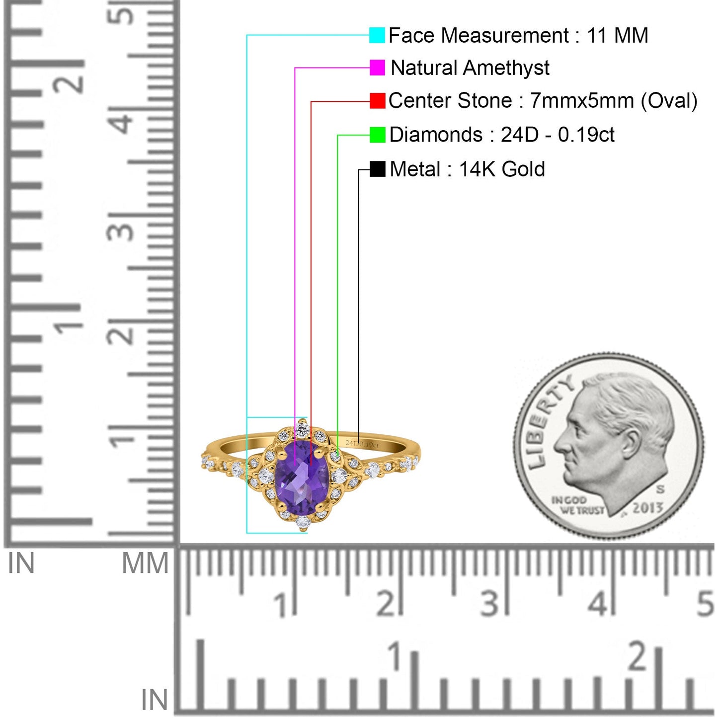 14K Yellow Gold Oval Natural Amethyst 0.95ct G SI Diamond Engagement Ring Size 6.5