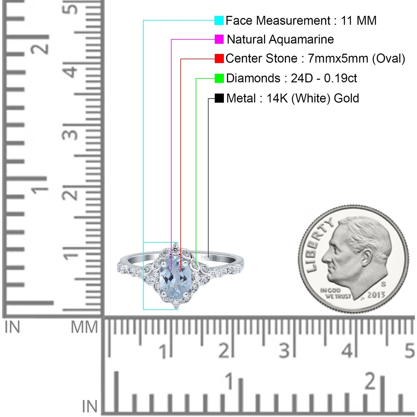 14K White Gold Oval Natural Aquamarine 0.95ct G SI Diamond Engagement Ring Size 6.5