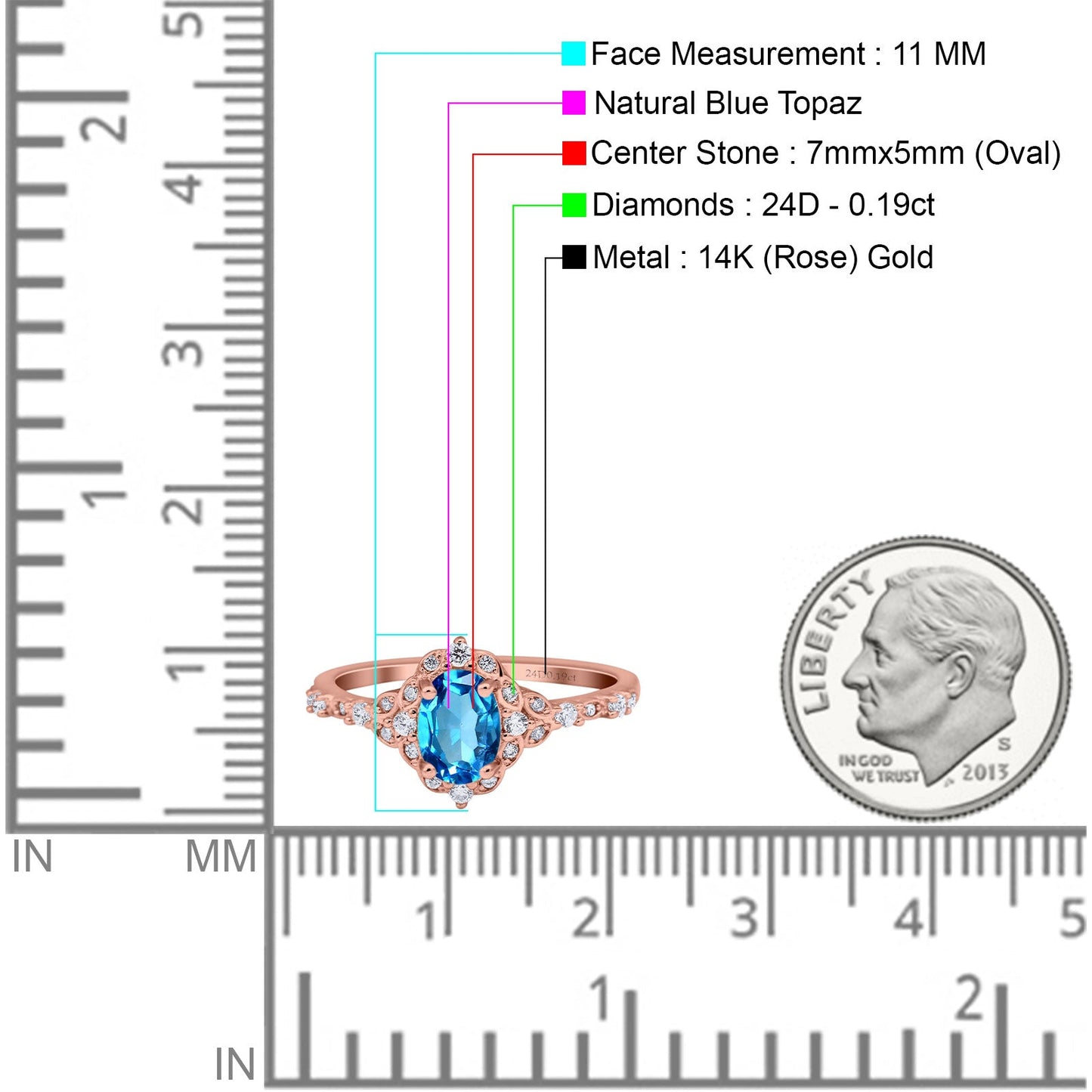 14K Rose Gold Oval Natural Swiss Blue Topaz 0.95ct G SI Diamond Engagement Ring Size 6.5